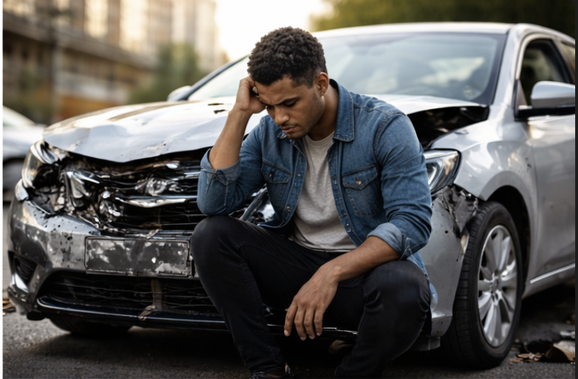 Person near a damaged vehicle used as a visual placeholder